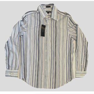 DKNY Button Down Shirt Mens Medium Classic Fit Cotton White Blue Vertical Stripe